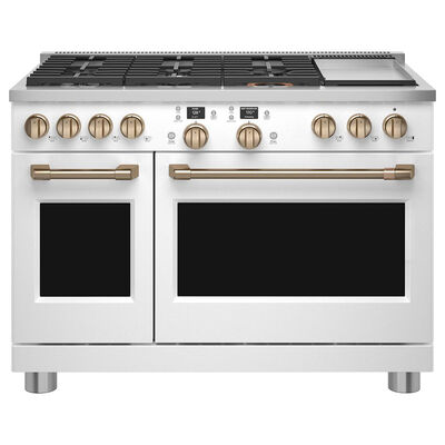 Cafe Commercial-Style 48 in. 8.2 cu. ft. Smart Air Fry True European Convection Double Oven Dual Fuel Range with 6 Sealed Burners & Griddle - Matte White | C2Y486P4TW2