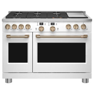 Cafe Commercial-Style 48 in. 8.3 cu. ft. Smart Air Fry Convection Double Oven Freestanding Dual Fuel Range with 6 Sealed Burners & Griddle - Matte White, Matte White, hires