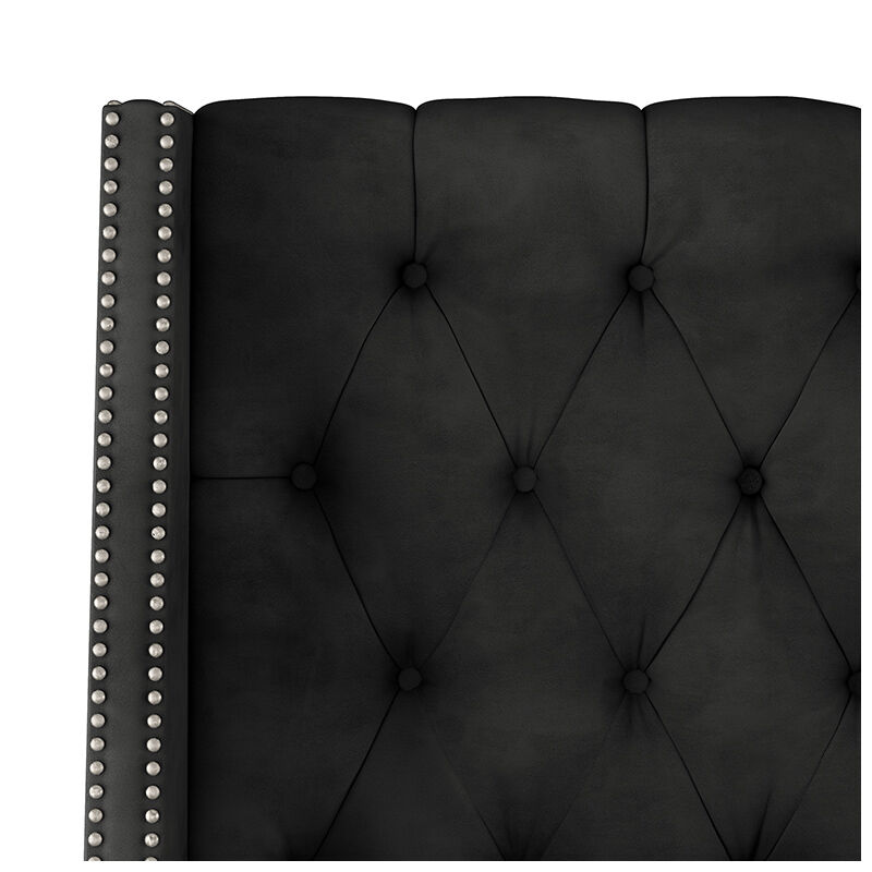Skyline King Nail Button Tufted Wingback Bed in Velvet - Black, Black, hires