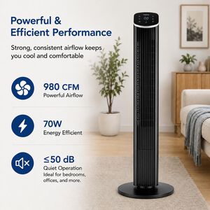 CoolVia 46 in. Oscillating Tower Fan with 3 Speed Setting & Remote Control - Black, , hires