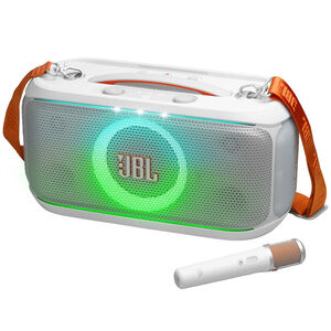 JBL Partybox On-The-Go 2 Plus Portable Party Speaker with Real-Time AI Vocal Removal, A Wireless Mic, Handle & Shoulder Strap - White, , hires