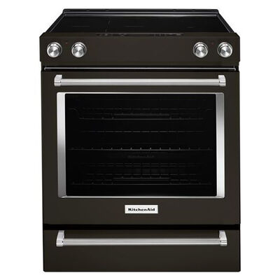 KitchenAid 30 in. 6.4 cu. ft. Oven Slide-In Electric Range with 6 Smoothtop Burners - Black with Stainless Steel | KSEG700EBS