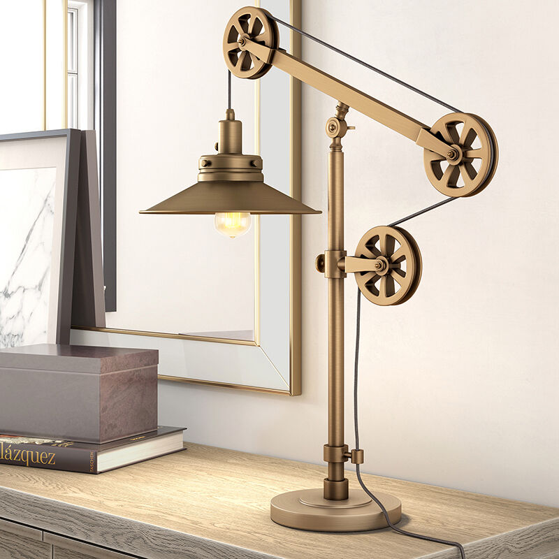 Hudson & Canal Descartes Wide Brim Table Lamp with Pulley System - Brushed Brass, , hires
