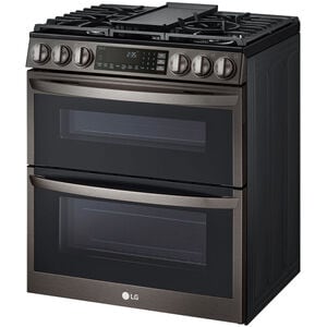 LG InstaView 30 in. 6.9 cu. ft. Smart Air Fry True European Convection Double Oven Slide-In Gas Range with 5 Sealed Burners & Griddle - PrintProof Black Stainless Steel, PrintProof Black Stainless Steel, hires