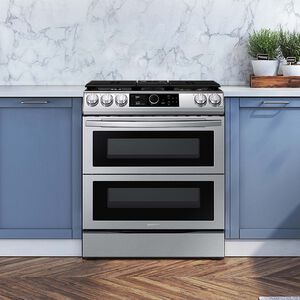Samsung 30 in. 6.3 cu. ft. Smart Air Fry Convection Double Oven Slide-In Dual Fuel Range with 5 Sealed Burners & Griddle - Stainless Steel, Stainless Steel, hires