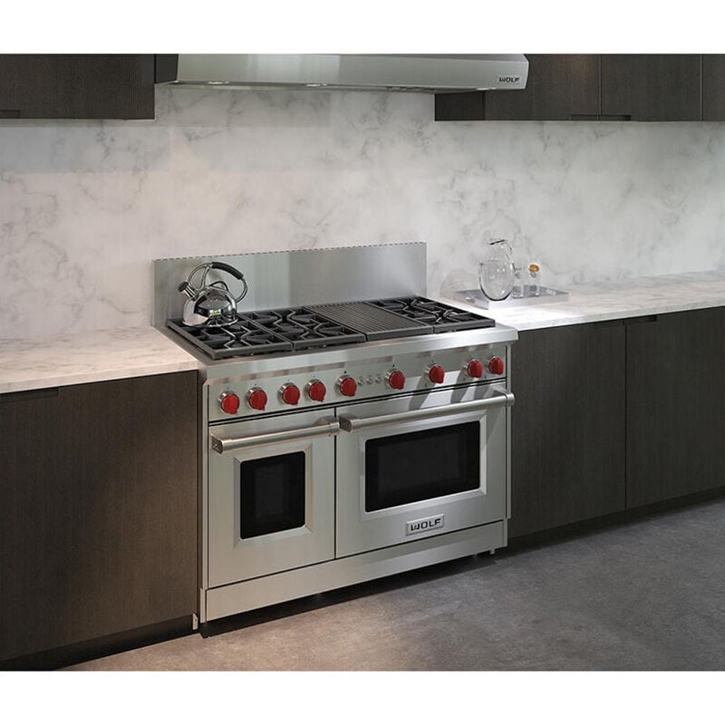 Wolf 48 in. 6.9 cu. ft. Standard Convection Double Oven Gas Range with 6 Sealed Burners & Grill - Stainless Steel, , hires