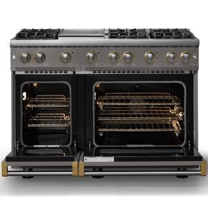 Viking 5 Series 48 in. 6.1 cu. ft. Standard Convection Double Oven Gas Range with 6 Sealed Burners & Griddle - Damascus Gray - Natural Gas, Brushed Brass Trim Option, , hires