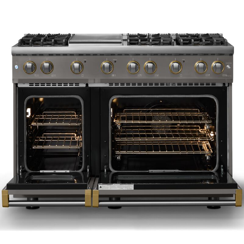 Viking 5 Series 48 in. 6.1 cu. ft. Standard Convection Double Oven Gas Range with 6 Sealed Burners & Griddle - Damascus Gray - Natural Gas, Brushed Brass Trim Option, , hires