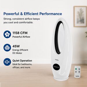 CoolVia 28 in. Oscillating Bladeless Tower Fan with 3 Speed Setting & Remote Control - White, , hires