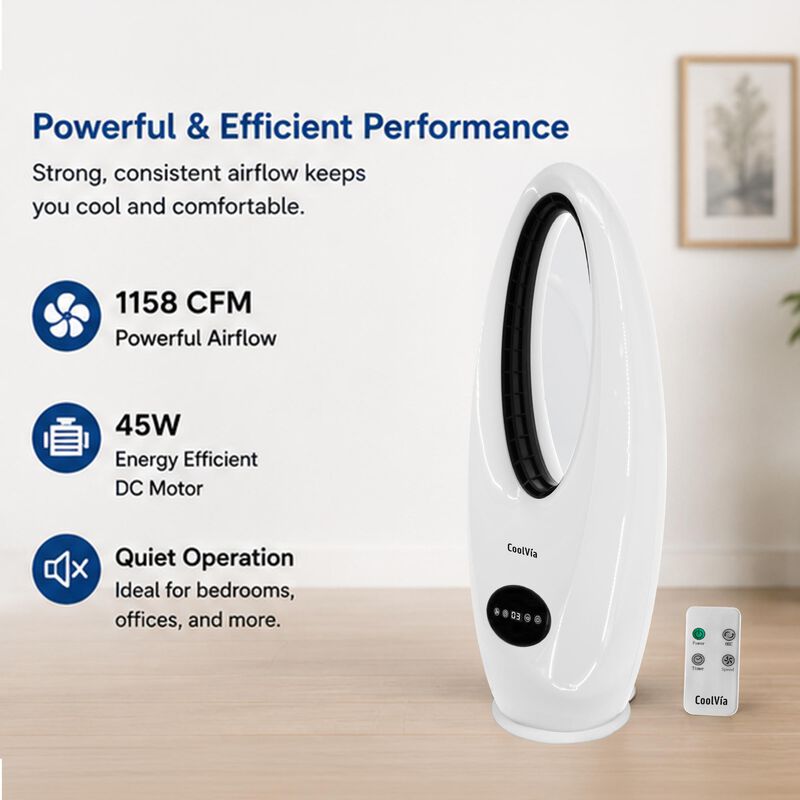 CoolVia 28 in. Oscillating Bladeless Tower Fan with 3 Speed Setting & Remote Control - White, , hires