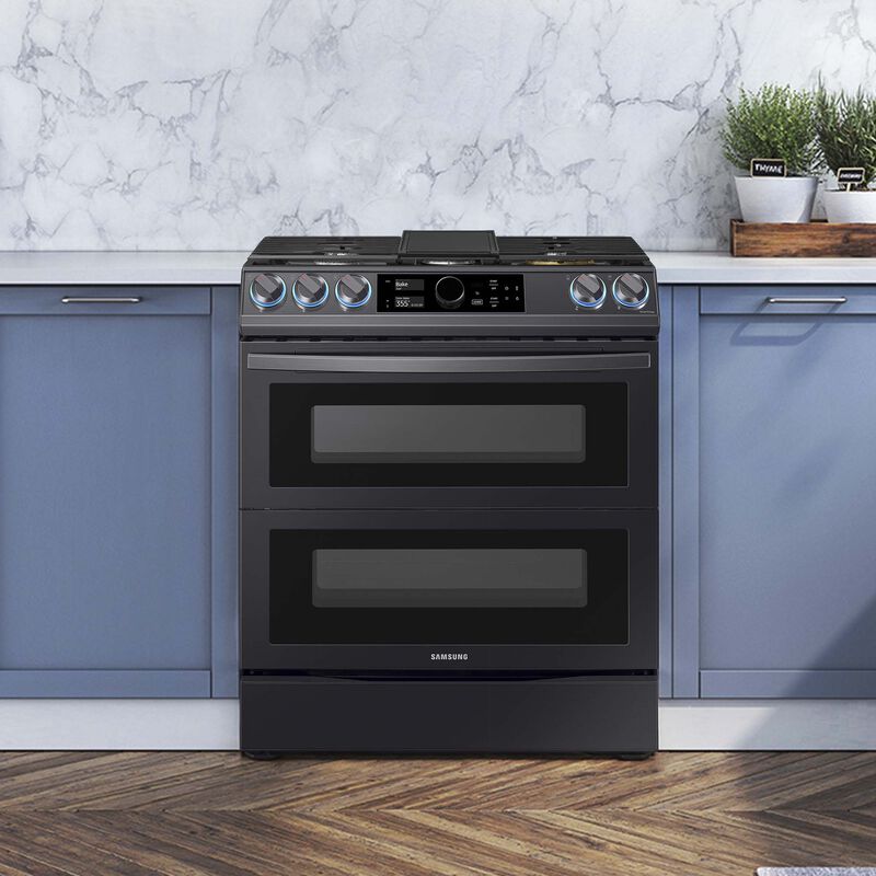 Samsung 30 in. 6.3 cu. ft. Smart Air Fry Convection Double Oven Slide-In Dual Fuel Range with 5 Sealed Burners & Griddle - Black with Stainless Steel, Black with Stainless Steel, hires