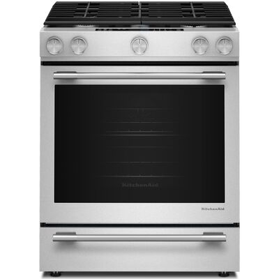 KitchenAid 30 in. 7.1 cu. ft. Air-Fry True European Convection Steam Oven Slide-In Dual Fuel Range with 5 Sealed Burners - Stainless Steel with PrintShield Finish | KSDS730TPS