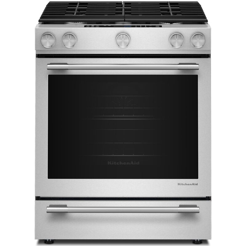 KitchenAid 30 in. 7.1 cu. ft. Air-Fry True European Convection Steam Oven Slide-In Dual Fuel Range with 5 Sealed Burners - Stainless Steel with PrintShield Finish, , hires