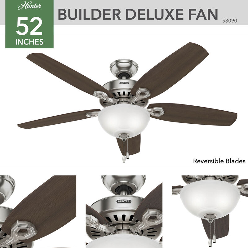 Hunter Builder 52 in. Ceiling Fan with LED Light Kit and Pull Chain - Brushed Nickel, Brushed Nickel, hires