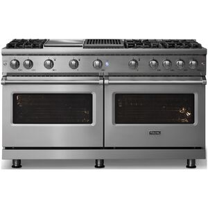 Viking 5 Series 60 in. 8.0 cu. ft. Standard Convection Double Oven Gas Range with 6 Sealed Burners, Grill & Griddle - Stainless Steel - Natural Gas, Polished Chrome Trim Option, , hires
