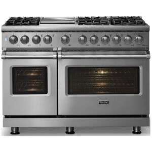 Viking 5 Series 48 in. 7.3 cu. ft. True European Convection Double Oven Dual Fuel Range with 6 Sealed Burners & Griddle - Stainless Steel - Liquid Propane Gas, Polished Chrome Trim Option, , hires