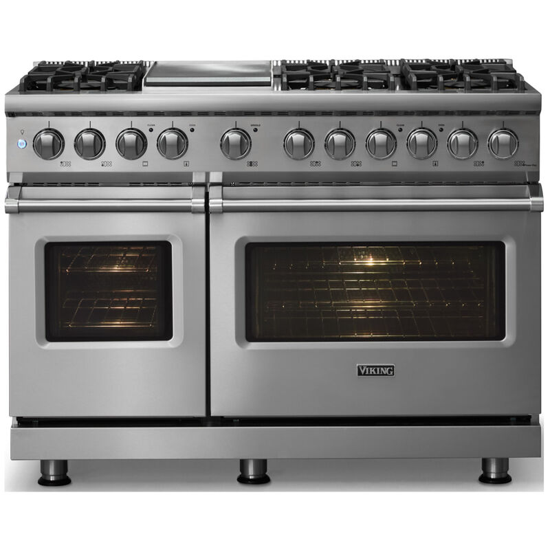 Viking 5 Series 48 in. 7.3 cu. ft. True European Convection Double Oven Dual Fuel Range with 6 Sealed Burners & Griddle - Stainless Steel - Liquid Propane Gas, Polished Chrome Trim Option, , hires