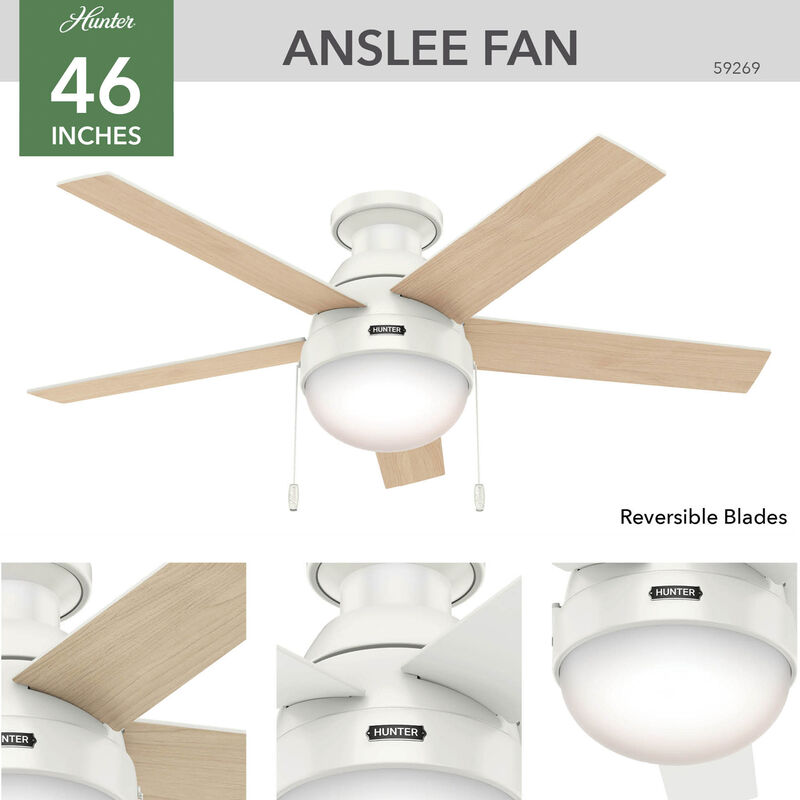 Hunter Anslee 46 in. Low Profile Ceiling Fan with LED Light Kit and Pull Chain - White, White, hires