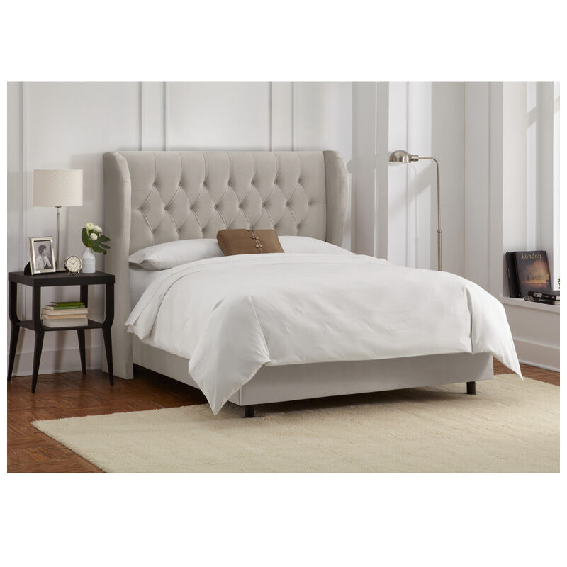 Skyline Furniture Tufted Wingback Velvet Fabric Upholstered King Size Bed - Light Grey, Gray, hires