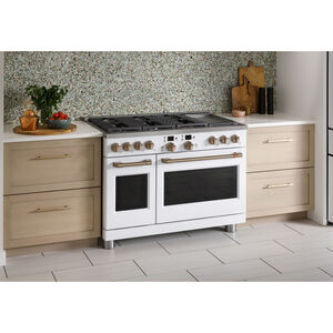 Cafe Commercial-Style 48 in. 8.3 cu. ft. Smart Air Fry Convection Double Oven Freestanding Dual Fuel Range with 6 Sealed Burners & Griddle - Matte White, Matte White, hires