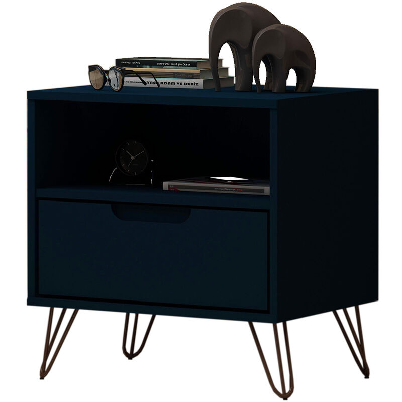 Manhattan Comfort Rockefeller Mid-Century Modern 1-Drawer Nightstand Tatiana Midnight Blue, Midnight Blue, hires