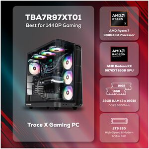 iBUYPOWER Trace Gaming Desktop with AMD Ryzen 7 9800X3D, 4.7 GHz, 8-Core CPU, AMD Radeon RX 9070 XT, 16GB VRAM GPU, 32 GB RAM, 2 TB SSD & Windows 11 Home - Black, , hires