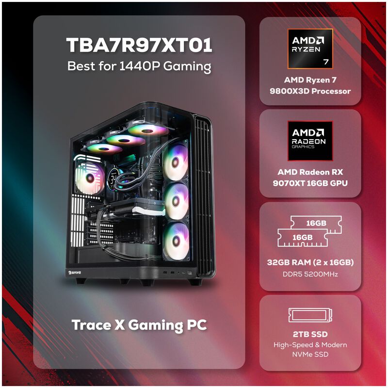 iBUYPOWER Trace Gaming Desktop with AMD Ryzen 7 9800X3D, 4.7 GHz, 8-Core CPU, AMD Radeon RX 9070 XT, 16GB VRAM GPU, 32 GB RAM, 2 TB SSD & Windows 11 Home - Black, , hires