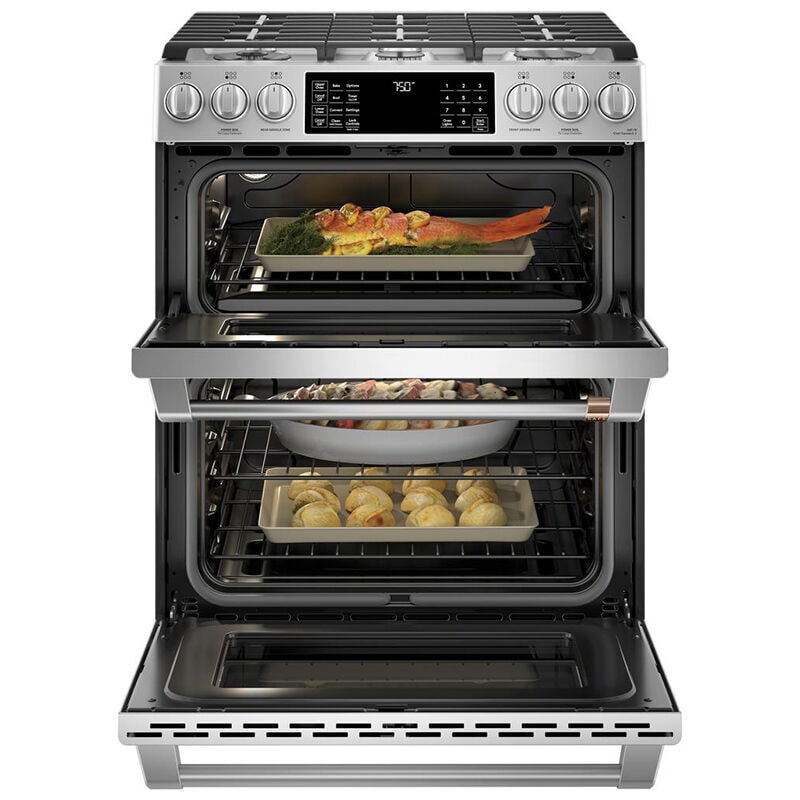 Cafe 30 in. 6.7 cu. ft. Smart Air Fry True European Convection Double Oven Slide-In Gas Range with 6 Sealed Burners & Griddle - Stainless Steel, Stainless Steel, hires
