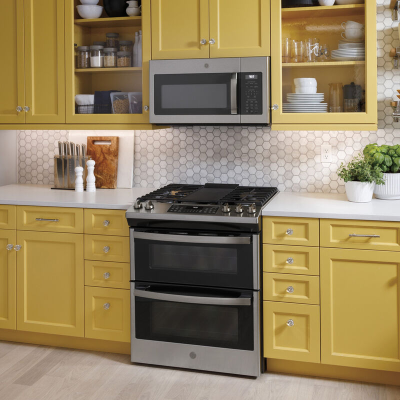 GE 30 in. 6.7 cu. ft. Air Fry True European Convection Double Oven Slide-In Gas Range with 5 Sealed Burners & Griddle - Stainless Steel, , hires