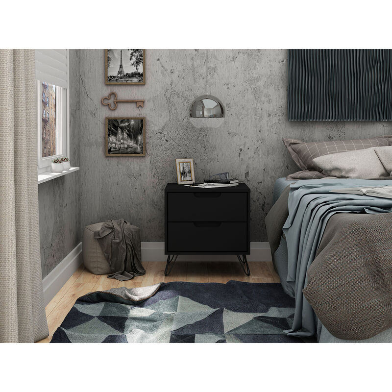 Manhattan Comfort Rockefeller Mid-Century Modern 2-Drawer Nightstand Black, Black, hires