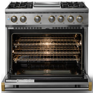 Viking 5 Series 36 in. 5.6 cu. ft. True European Convection Dual Fuel Range with 4 Sealed Burners & Griddle - Stainless Steel, , hires
