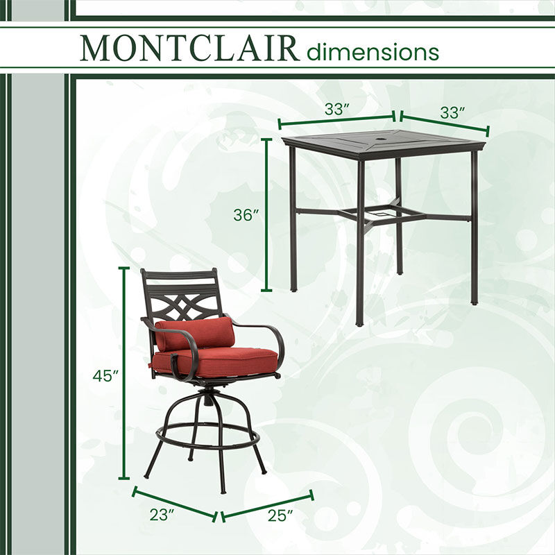 Hanover Montclair 3-Piece High-Dining Set in Chili Red with 2 Swivel Chairs and a 33-Inch Square Table - Chile Red/Brown, , hires