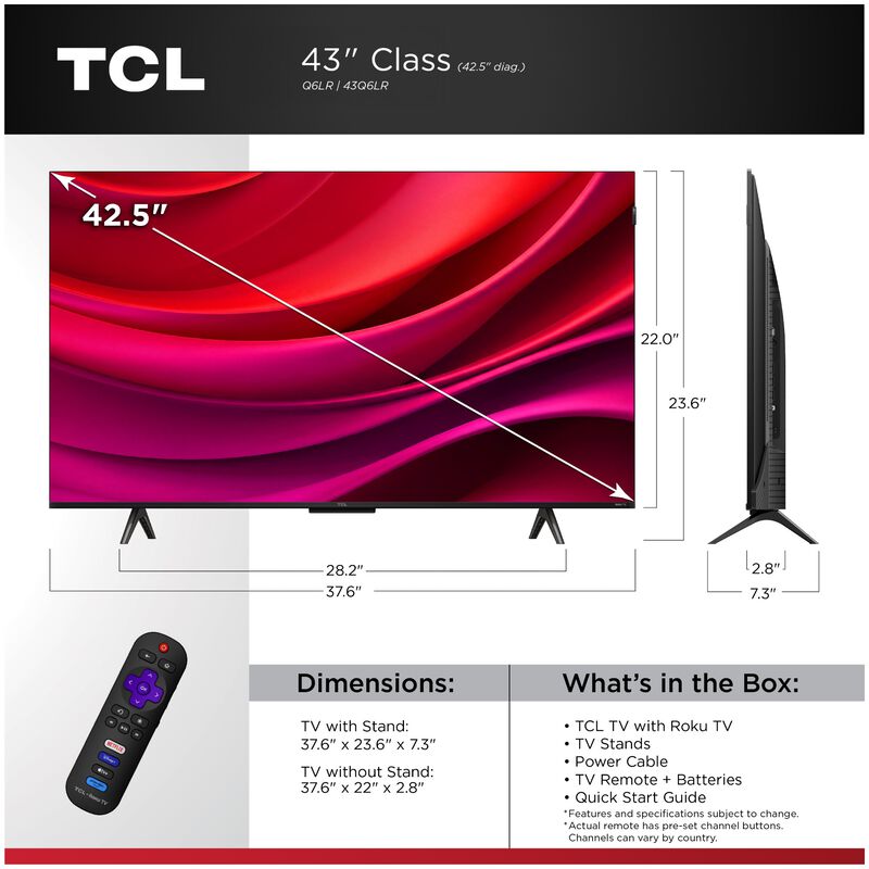 TCL - 43" Class Q6LR Series QLED 4K UHD Smart Roku TV, , hires