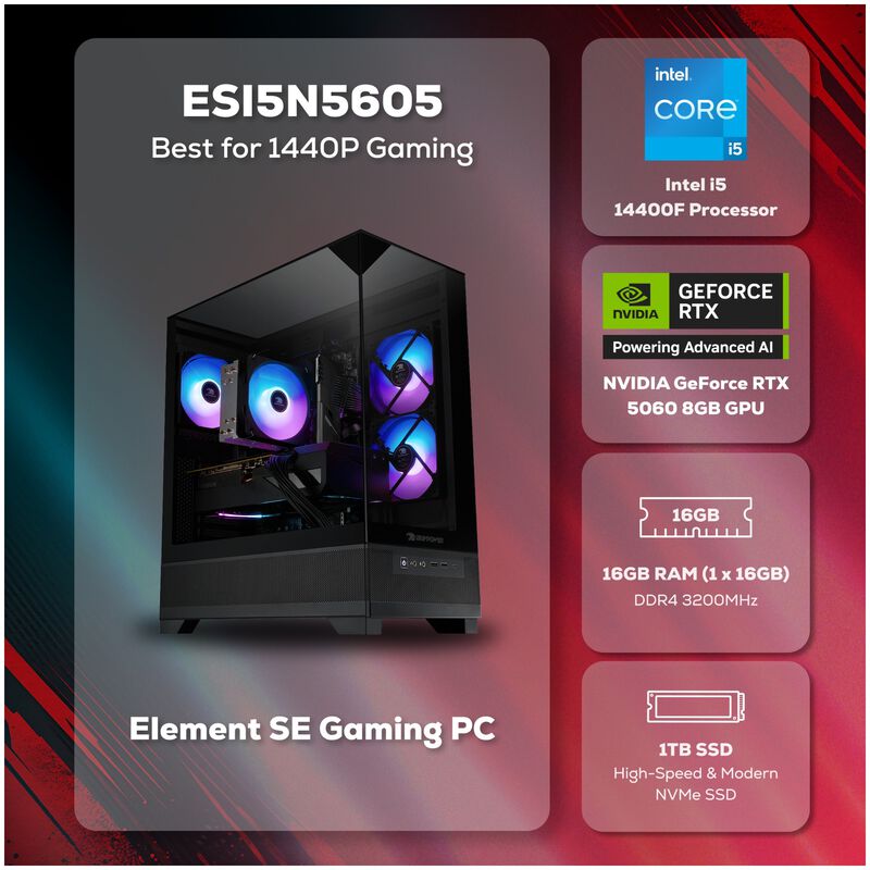 iBUYPOWER Element SE Gaming Desktop with Intel Core i5 14400F, 14th Gen, 10-Core CPU, NVIDIA GeForce RTX 5060, 8GB VRAM GPU, 16 GB RAM, 1 TB SSD & Windows 11 Home - Black, , hires