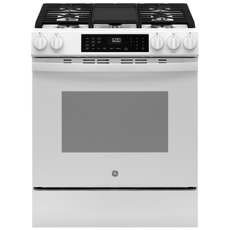 GE 30 in. 5.3 cu. ft. Smart Air Fry Standard Convection Slide-In Gas Range with 5 Sealed Burners & Griddle - White, , hires