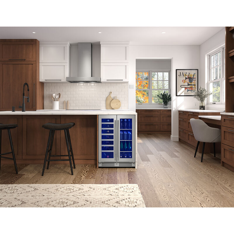 Zephyr Presrv Series 24 in. Undercounter Wine Cooler with Glass & Wood Racks, Dual Temperature Zones & 21 Bottle Capacity - Stainless Steel, , hires