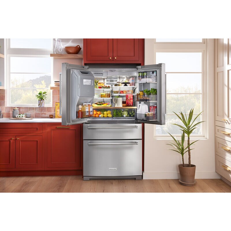 KitchenAid 36 in. 26.2 cu. ft. 4-Door French Door Refrigerator with Ice & Water Dispenser - Fingerprint Resistant Stainless Steel, , hires