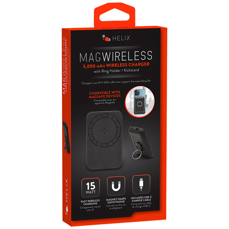 Helix MagWireless 5,000 mAh Portable Battery Pack with ring stand - Black, , hires