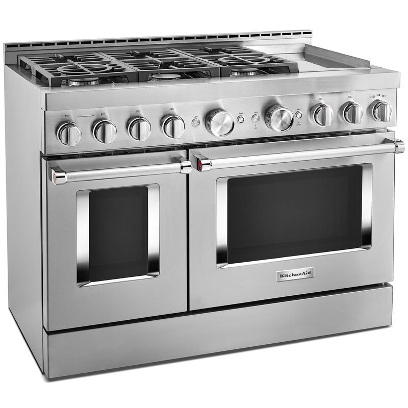 KitchenAid 48 in. 6.3 cu. ft. Smart True European Convection Double Oven Gas Range with 6 Sealed Burners & Griddle - Stainless Steel, , hires