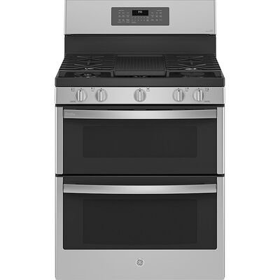 GE Profile 30 in. 6.8 cu. ft. Smart Air Fry Convection Double Oven Freestanding Gas Range with 5 Sealed Burners, Grill & Griddle - Stainless Steel | PGB965YPFS