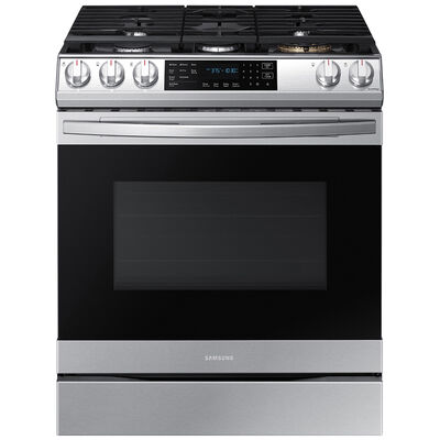 Samsung 30 in. 6.0 cu. ft. Smart Air Fry Convection Oven Slide-In Gas Range with 5 Sealed Burners & Griddle - Stainless Steel | NX60T8511SS