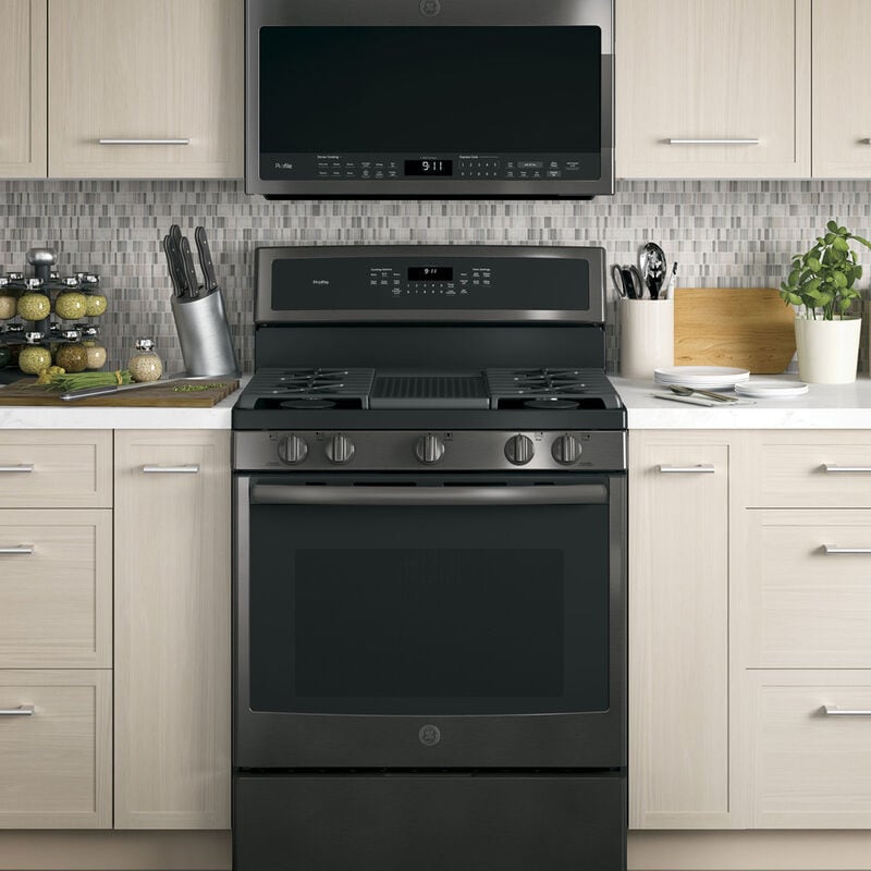 GE Profile 30" 2.1 Cu. Ft. Over-the-Range Microwave with 10 Power Levels, 400 CFM & Sensor Cooking Controls - Black Stainless, Black Stainless, hires