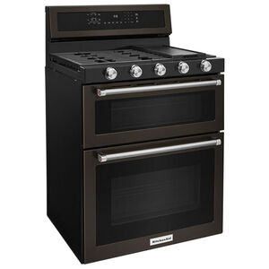 KitchenAid 30 in. 6 cu. ft. True European Convection Double Oven Gas Range with 5 Sealed Burners & Griddle - Black Stainless, , hires