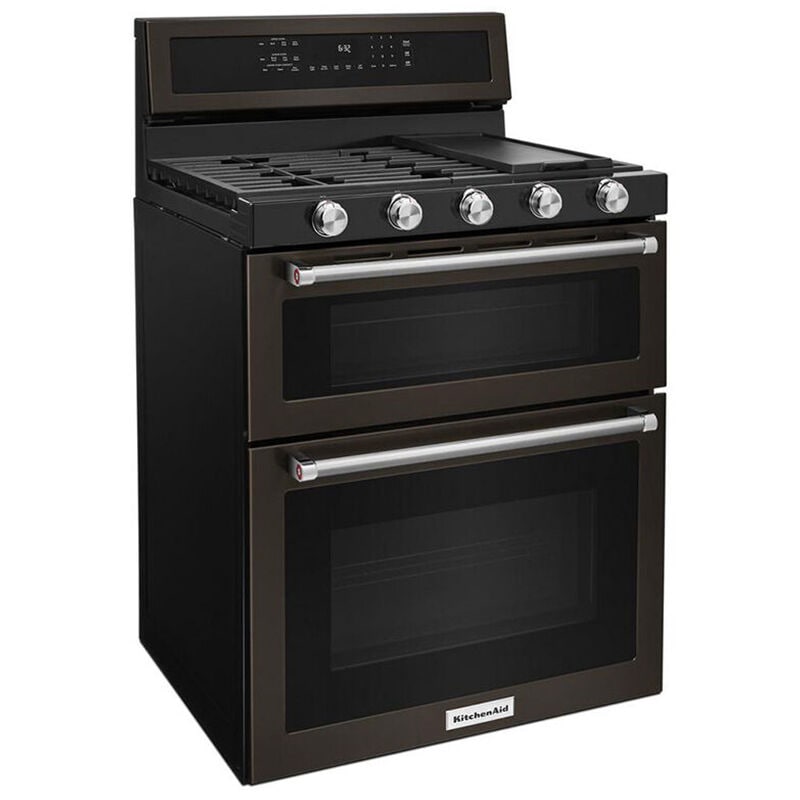 KitchenAid 30 in. 6 cu. ft. True European Convection Double Oven Gas Range with 5 Sealed Burners & Griddle - Black Stainless, , hires