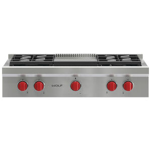 Wolf 36 in. 4-Burner Natural Gas Rangetop with Griddle & Power Burner - Stainless Steel, , hires