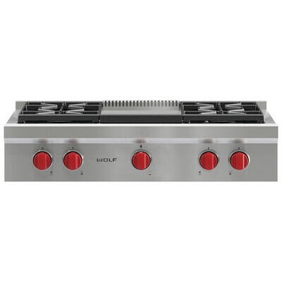 Wolf 36 in. 4-Burner Natural Gas Rangetop with Griddle & Power Burner - Stainless Steel | SRT364G