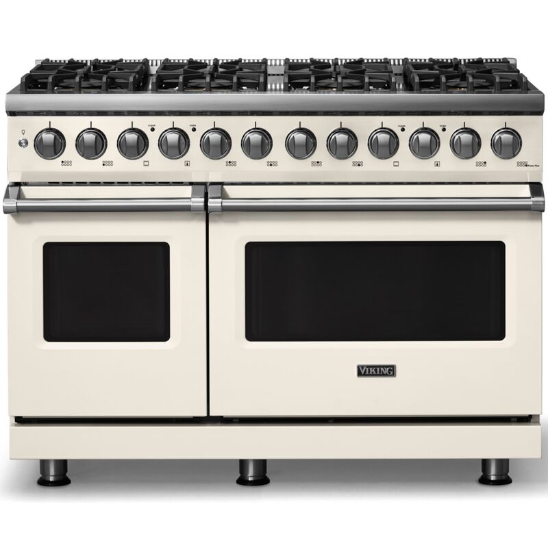 Viking 5 Series 48 in. 7.3 cu. ft. True European Convection Double Oven Dual Fuel Range with 8 Sealed Burners - Pure White - Liquid Propane Gas, Polished Chrome Trim Option, , hires