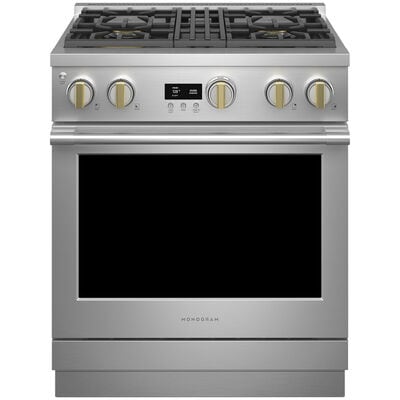 Monogram Statement Series 30 in. 5.3 cu. ft. Smart Air Fry True European Convection Slide-In Dual Fuel Range with 4 Sealed Burners - Stainless Steel | ZDP304NTSS