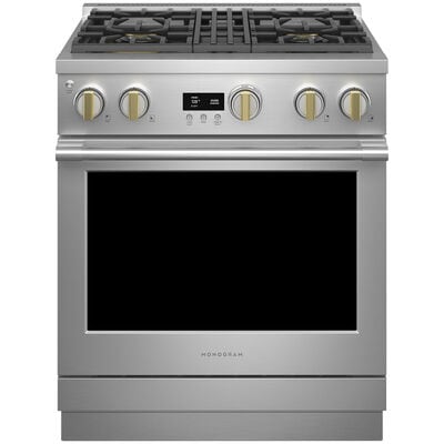 Monogram Statement Series 30 in. 5.3 cu. ft. Smart Air Fry Convection Oven Slide-In Dual Fuel Range with 4 Sealed Burners - Stainless Steel | ZDP304NTSS