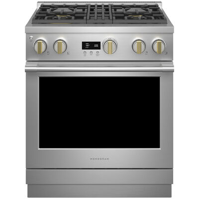 Monogram Statement Series 30 in. 5.3 cu. ft. Smart Air Fry Convection Oven Slide-In Dual Fuel Range with 4 Sealed Burners - Stainless Steel | ZDP304NTSS